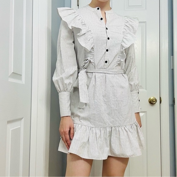 Saylor Dress Mini Ruffle Striped Dainty Coquette Twee Casual White Extra Small - Picture 1 of 11